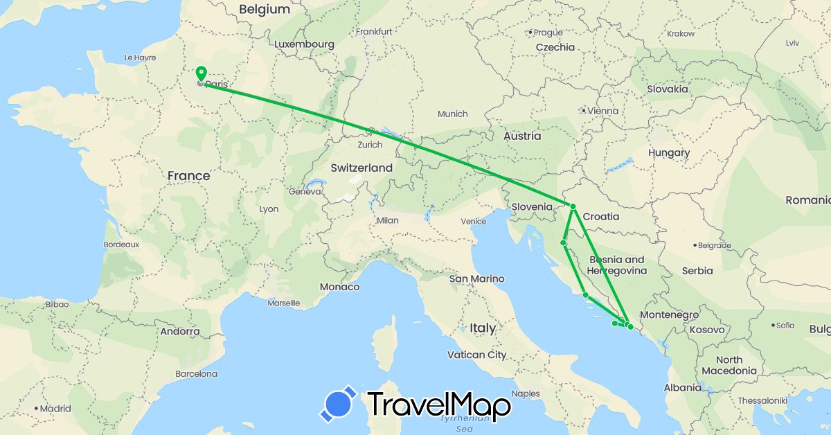 TravelMap itinerary: driving, bus, plane in France, Croatia (Europe)